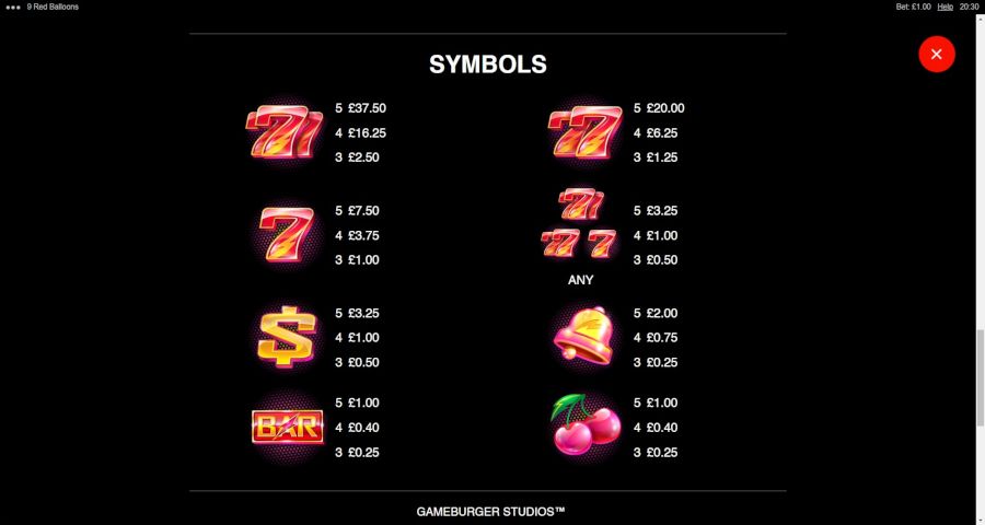 9 Red Balloons Payout Symbols - -