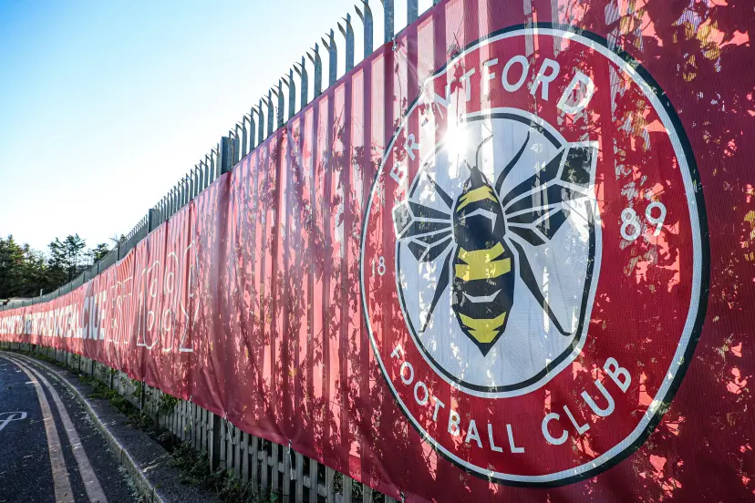 General view of a Brentford badge outside the ground before the Premier League match at Brentford Community Stadium, London