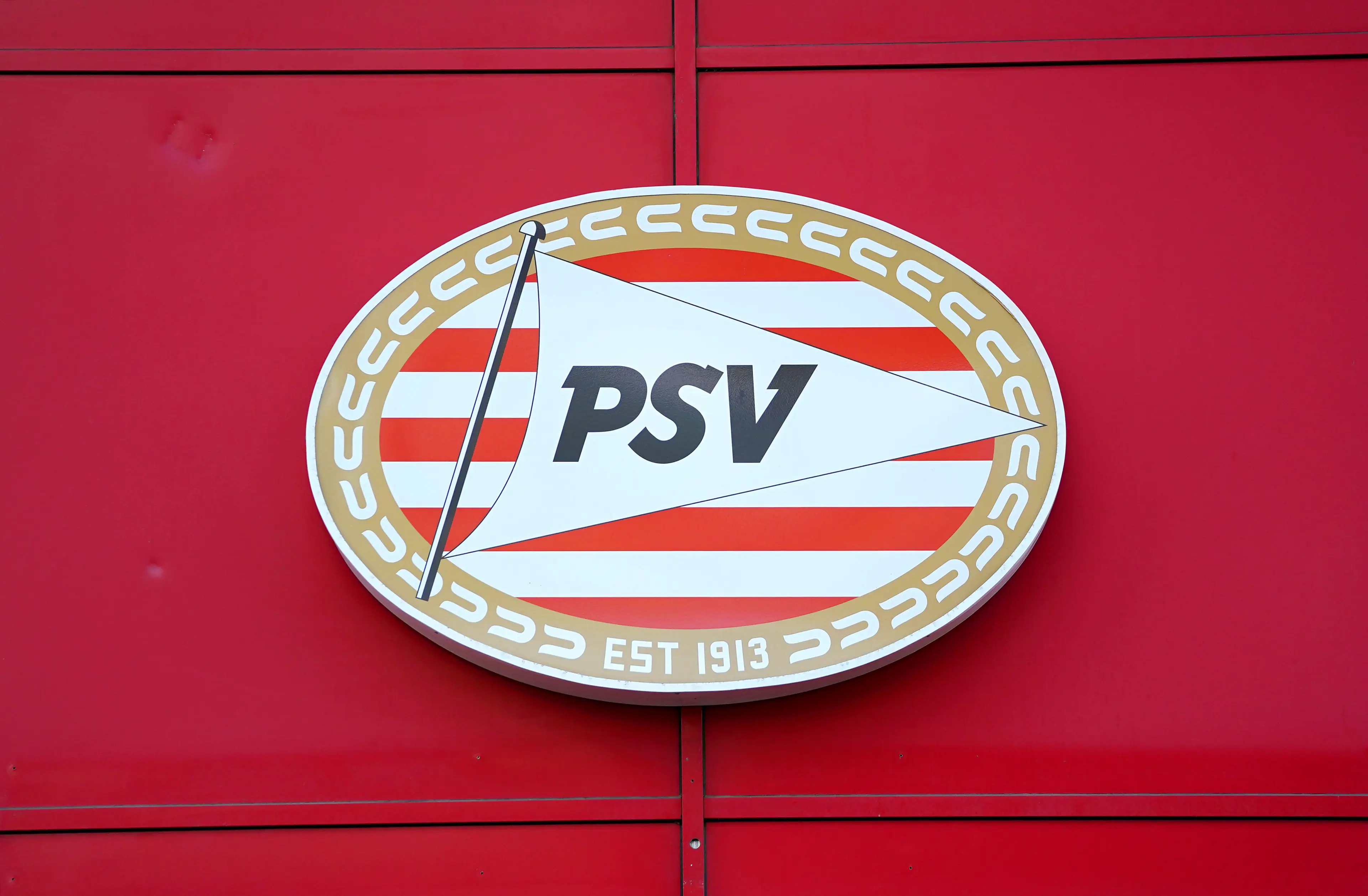 A general view of the PSV crest outside of the stadium ahead of the UEFA Champions League qualifying match at PSV Stadion, Eindhoven