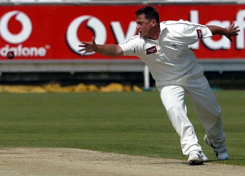 Yorkshire and England player Darren Gough just misses the ball after bowling against Durham at the Riverside in Chester-Le Street